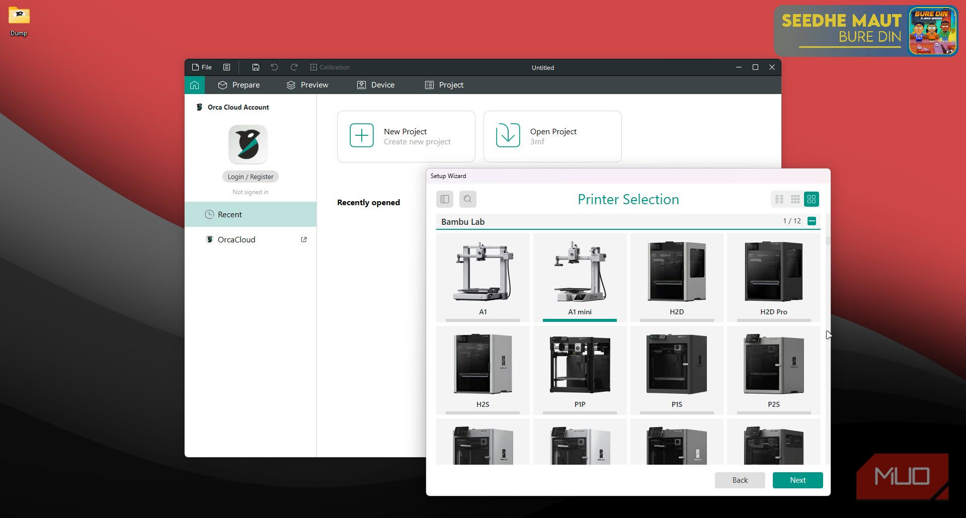 OrcaSlicer printer selection.