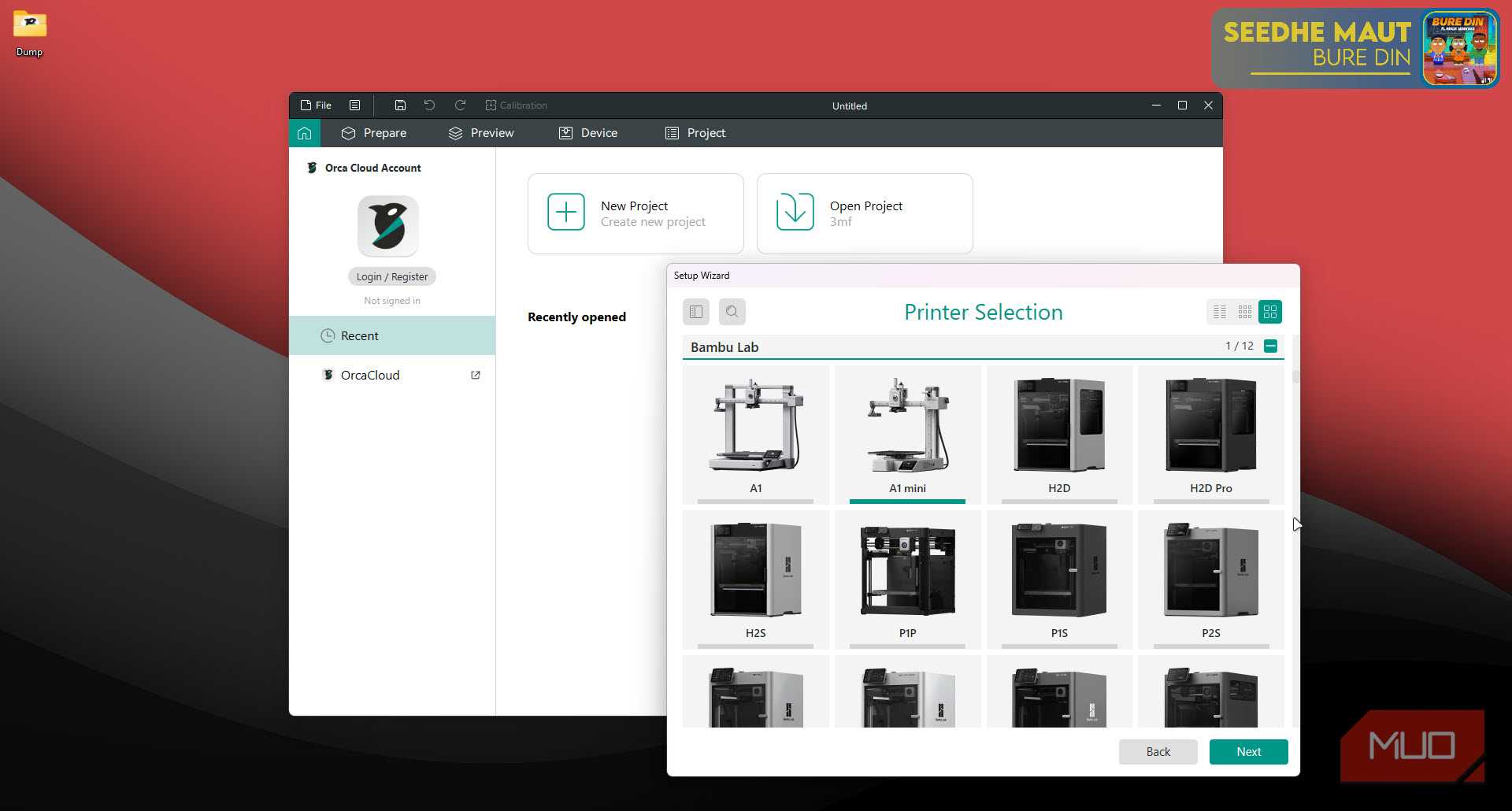 OrcaSlicer printer selection.