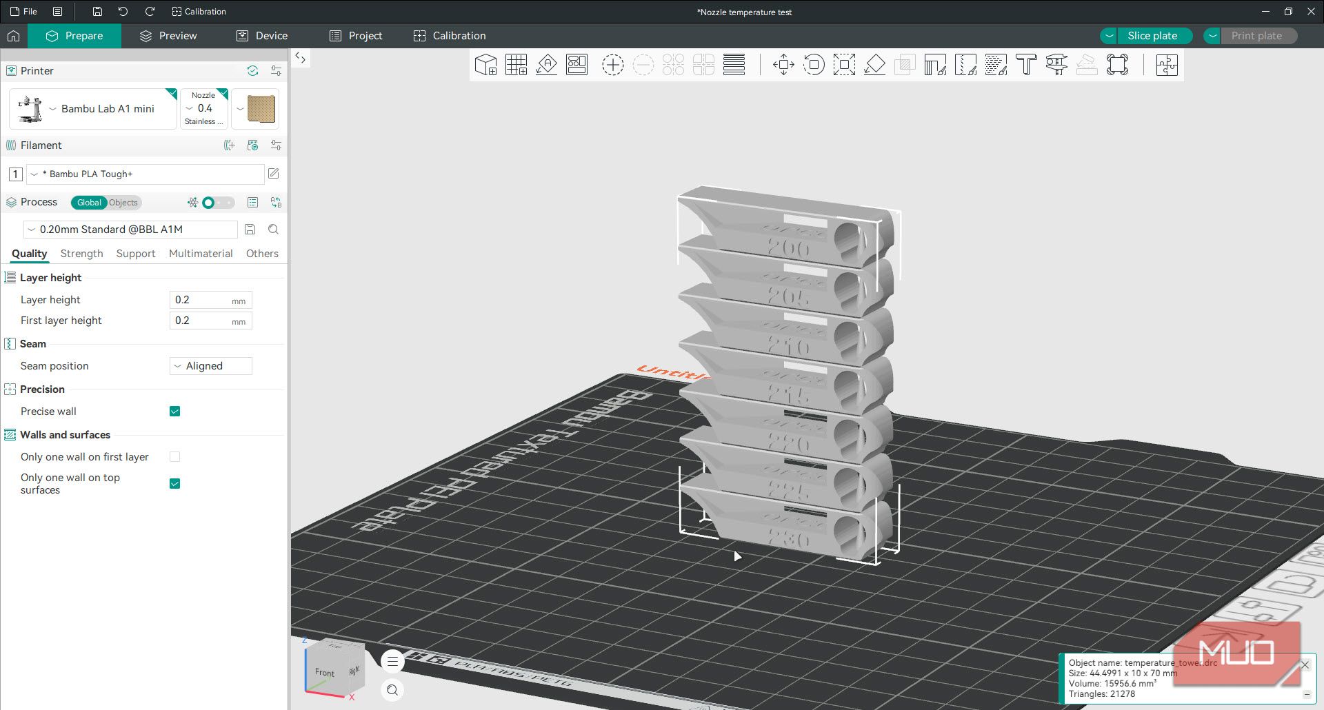OrcaSlicer temperature tower.