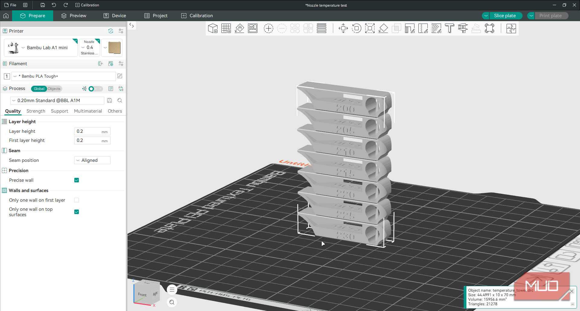 OrcaSlicer temperature tower.