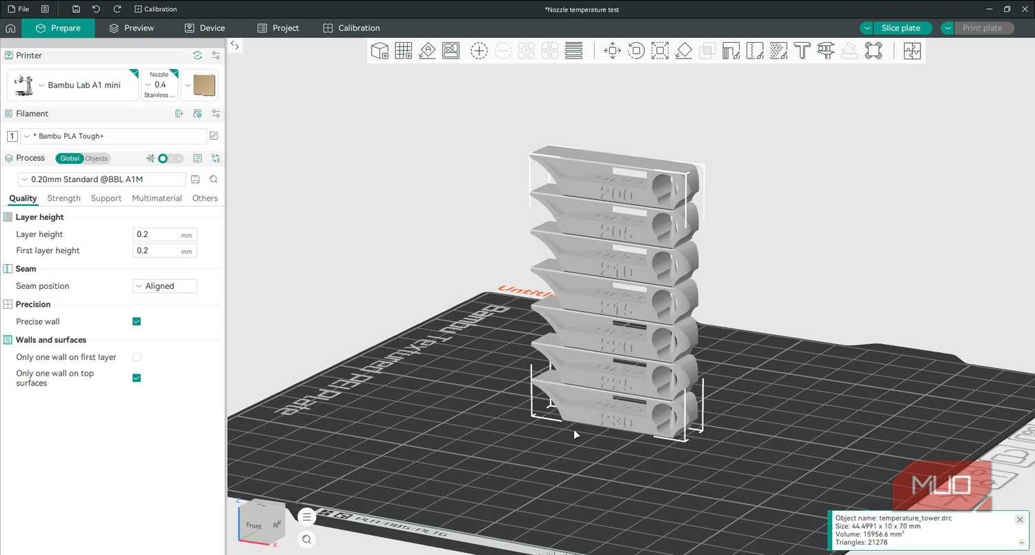 OrcaSlicer temperature tower.