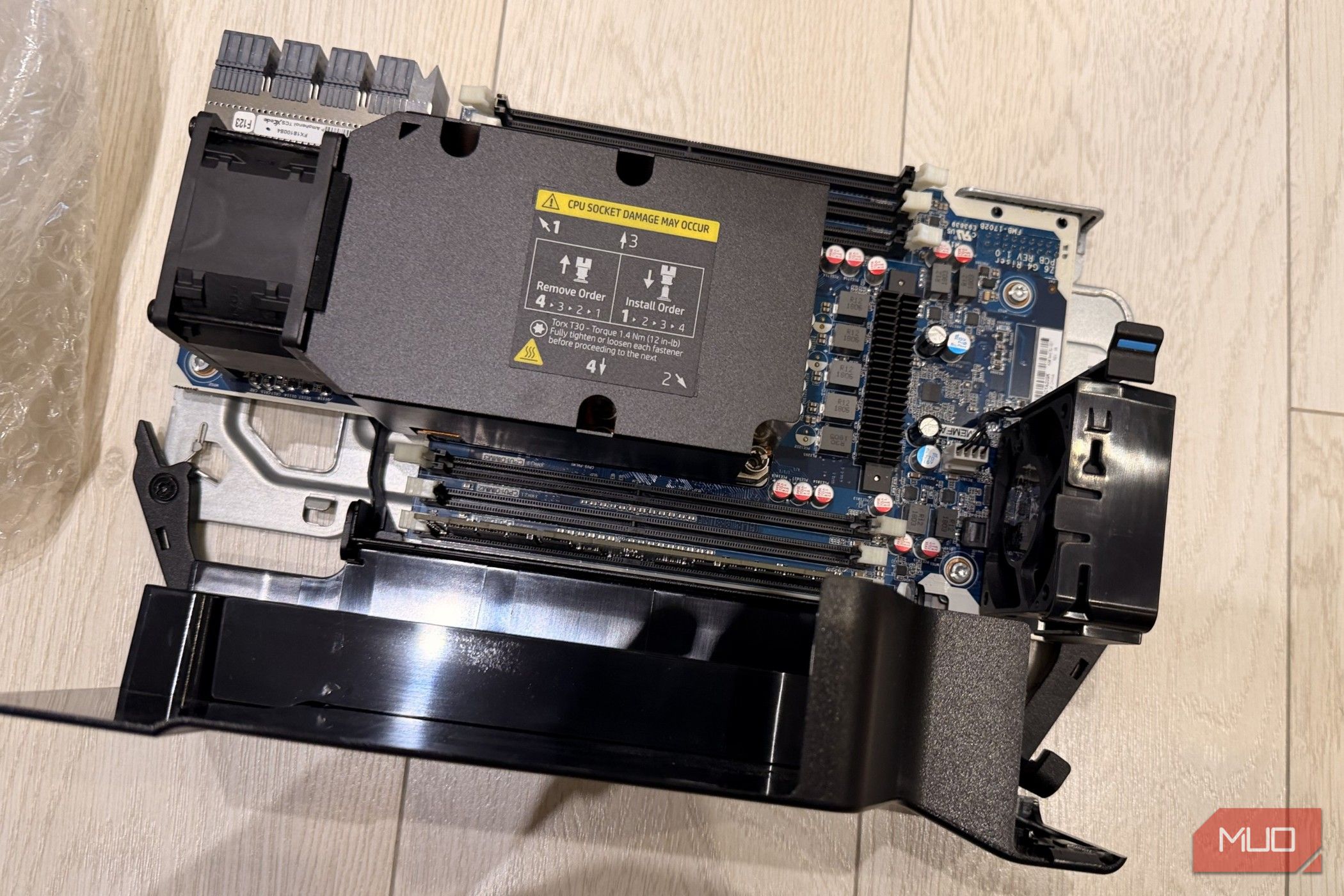 Overhead view of the HP Z6 G4 motherboard tray with CPU heatsink and memory slots