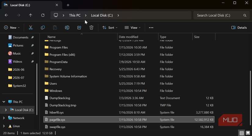 pagefile on file explorer