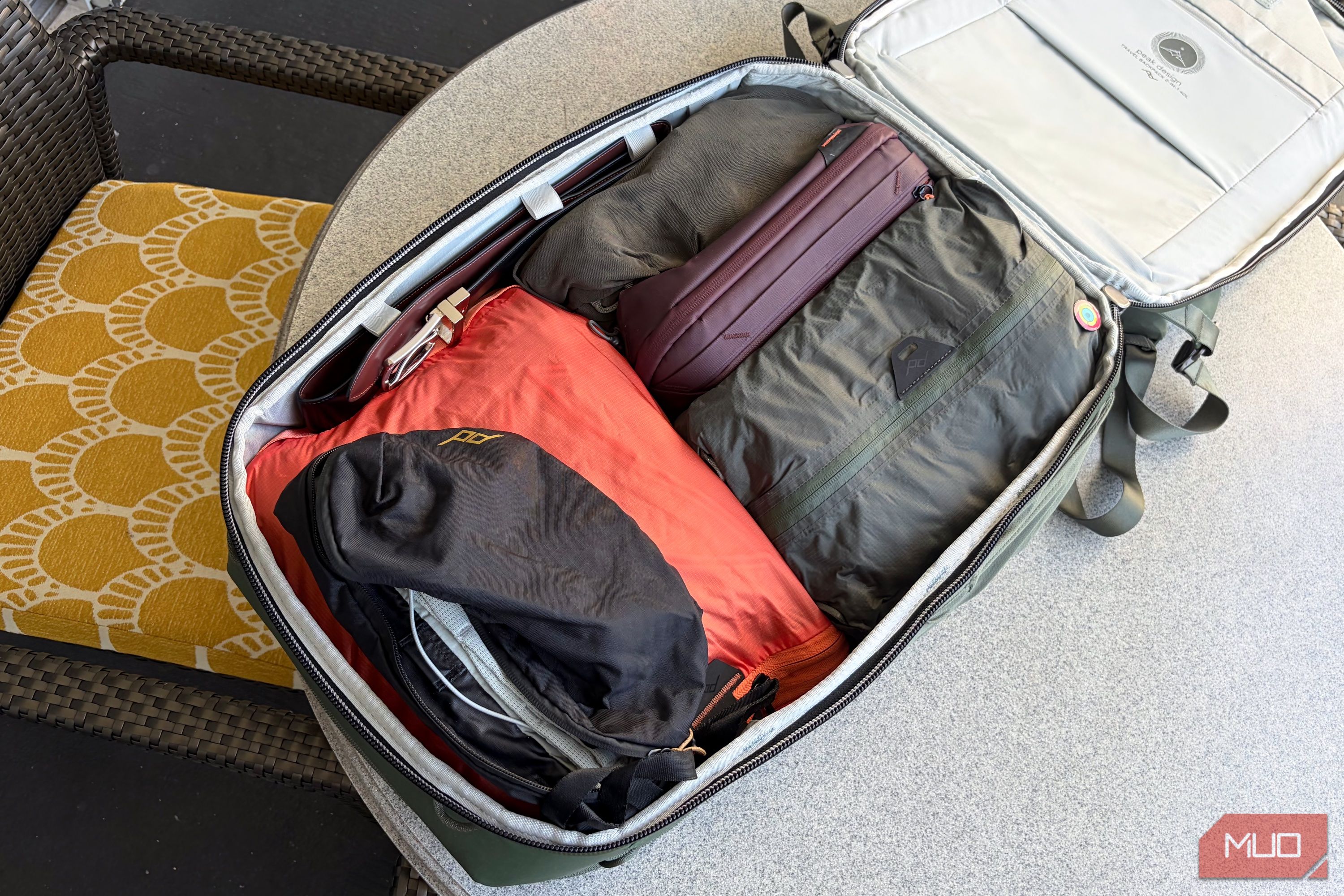 A top-down look at the packing cubes in the Peak Design 2-in-1 travel bag.