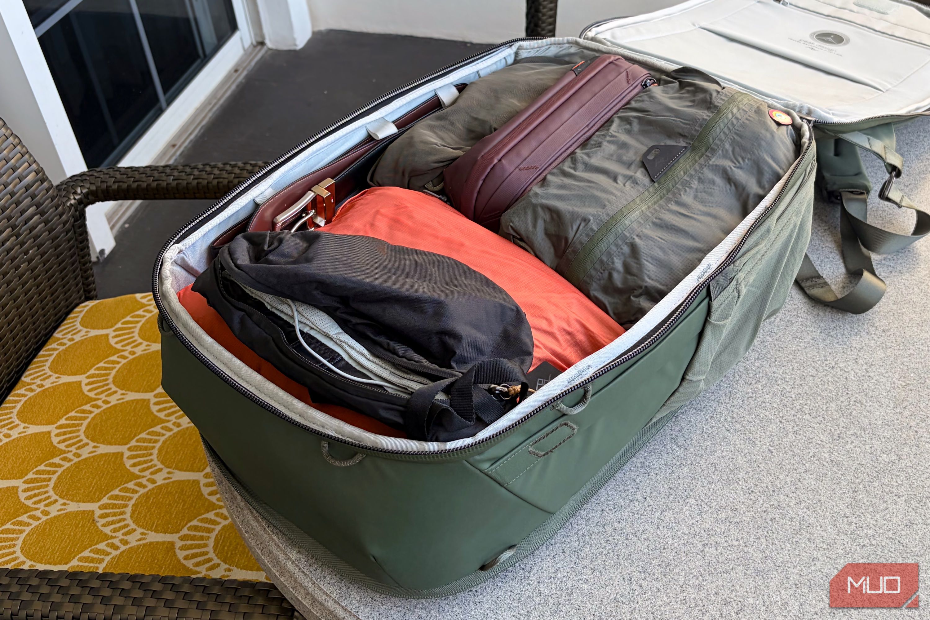 An angled view of gear in a Peak Design travel bag.