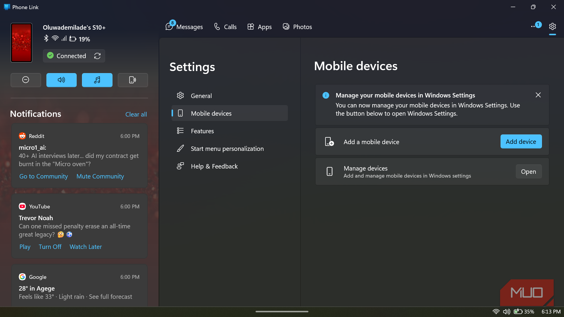 Phone Link app showing settings and notifications_