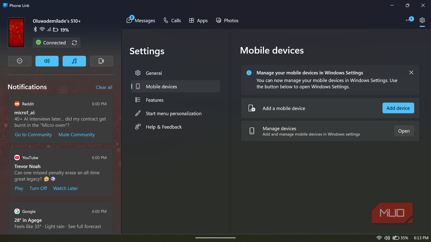 Phone Link app showing settings and notifications_
