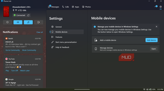 Phone Link app showing settings and notifications_