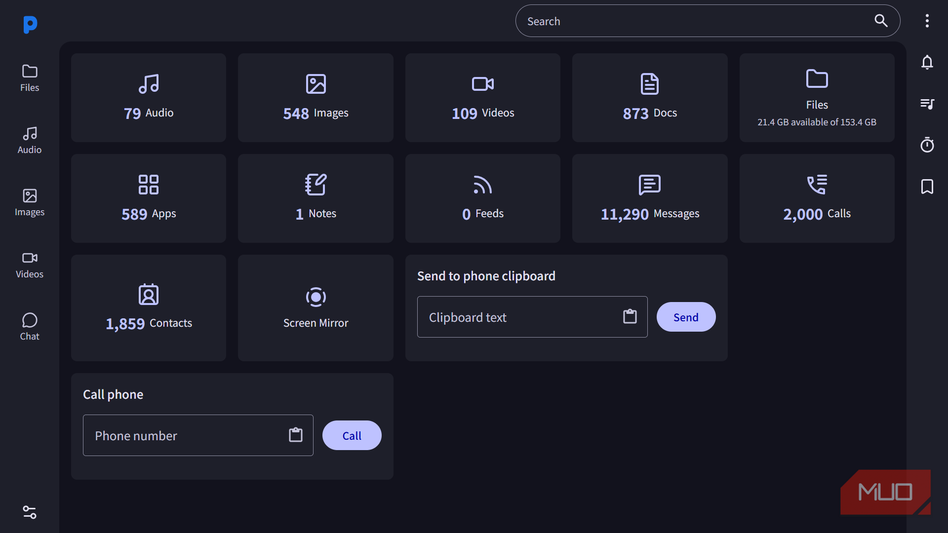 PlainApp dashboard overview of mobile phone data.