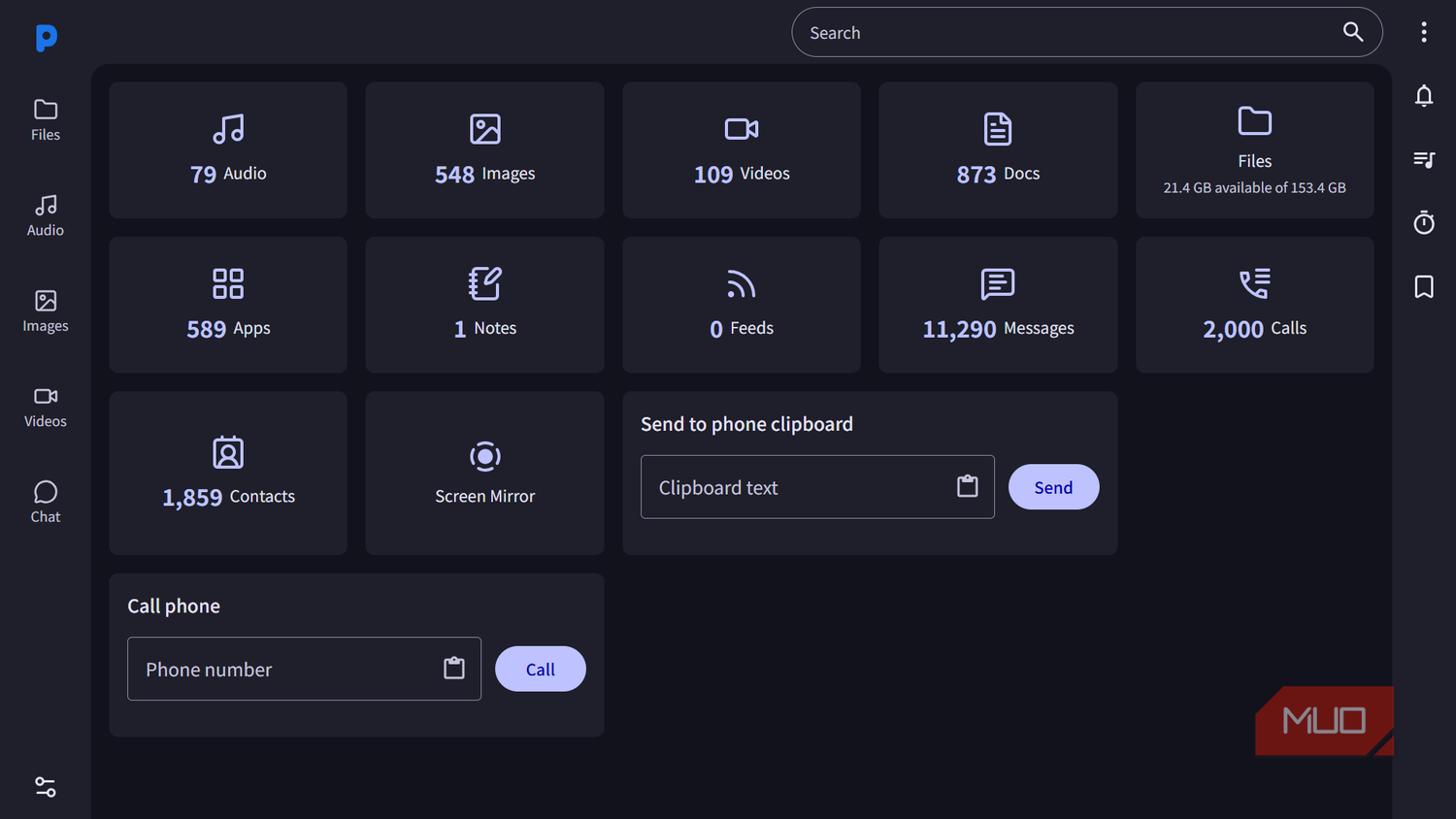 PlainApp dashboard overview of mobile phone data.