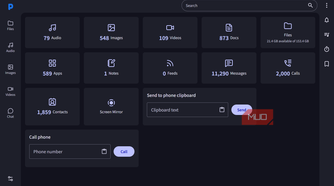 PlainApp dashboard overview of mobile phone data.