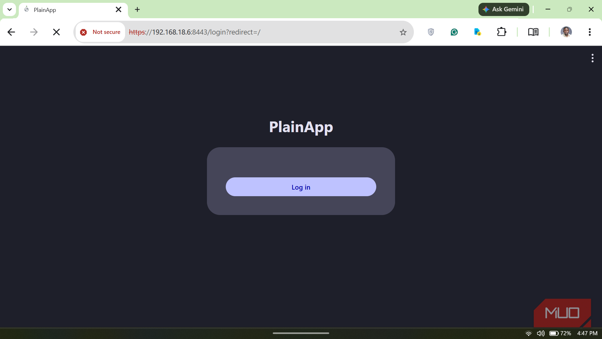 PlainApp web browser login screen