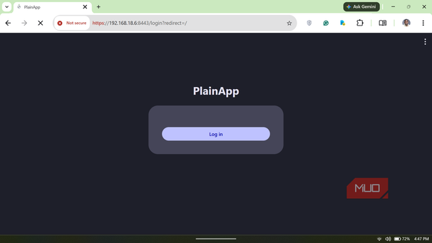 PlainApp web browser login screen