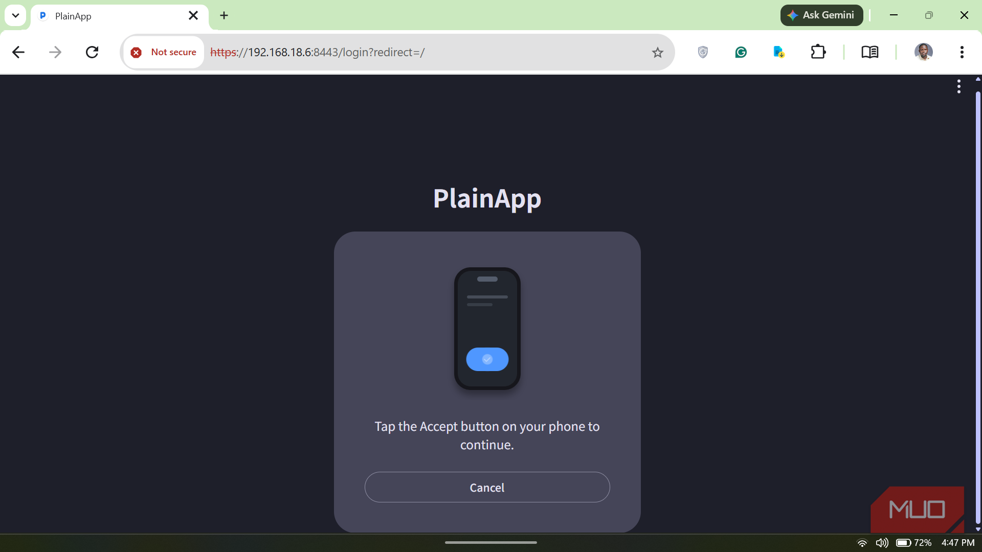 PlainApp web login mobile verification prompt