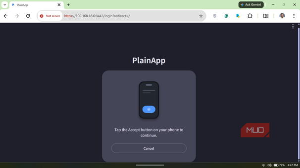 PlainApp web login mobile verification prompt