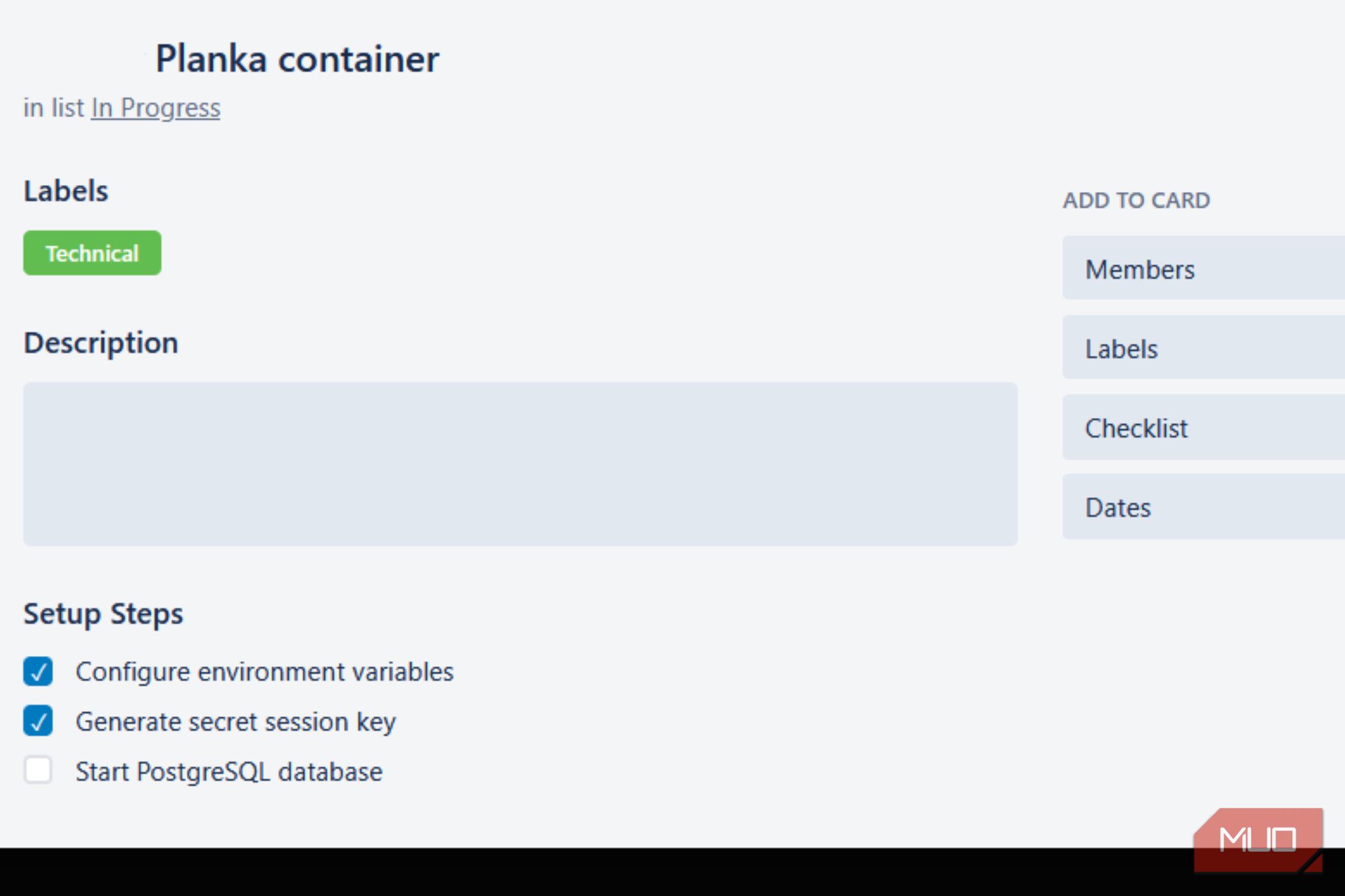 Planka container with a description grayed out