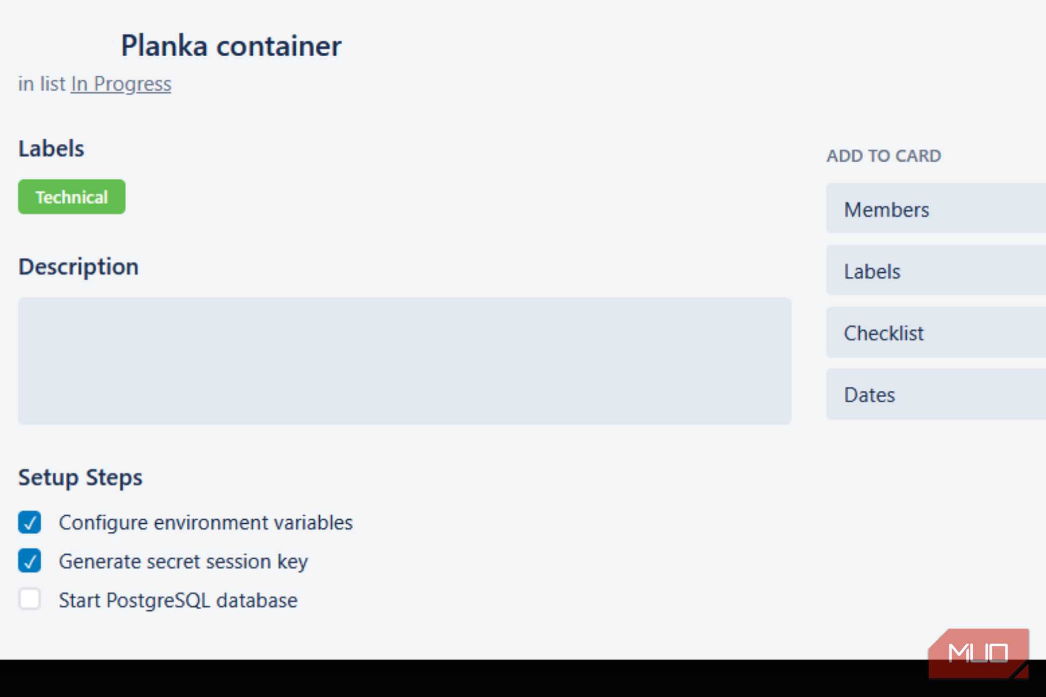 Planka container with a description grayed out