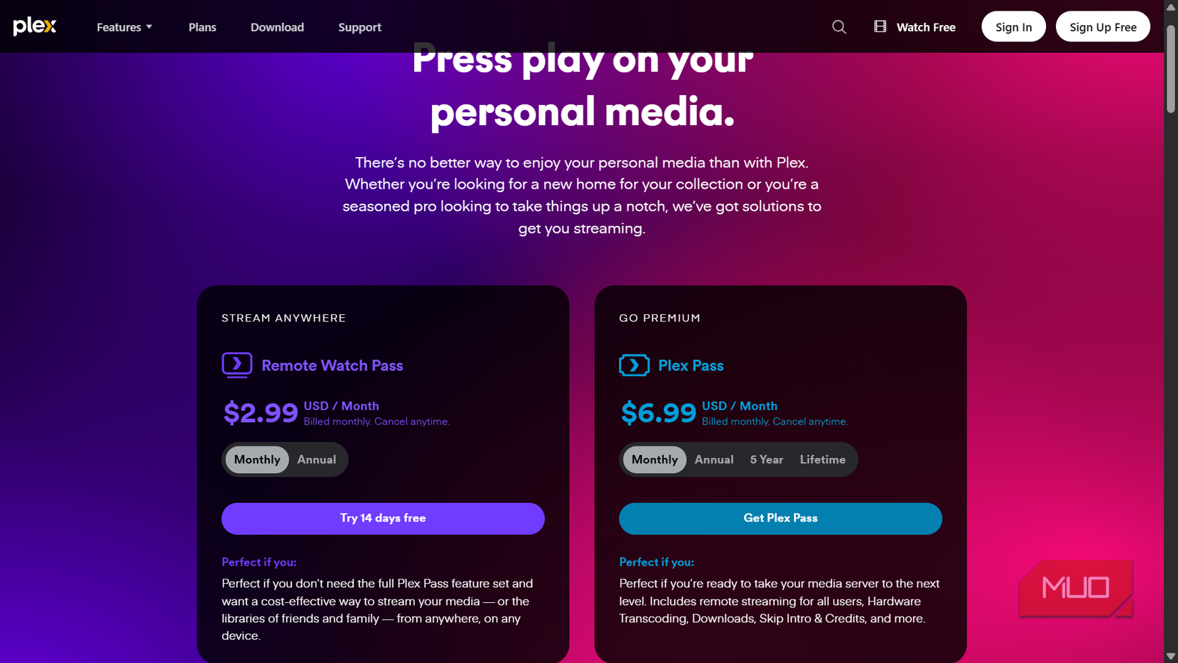 Plex streaming subscription plans and pricing page