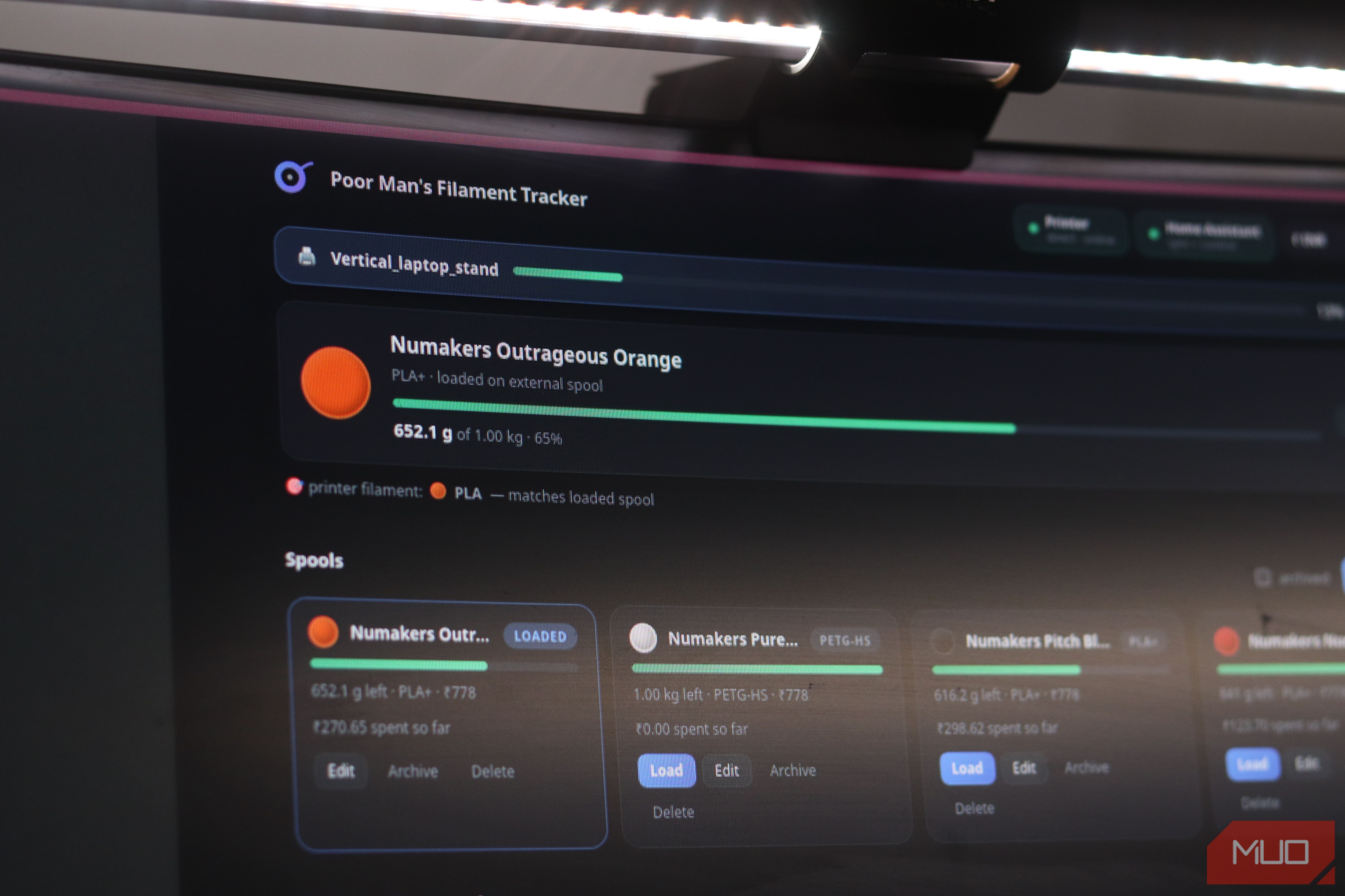 Poor Man's filament tracker main dashboard.