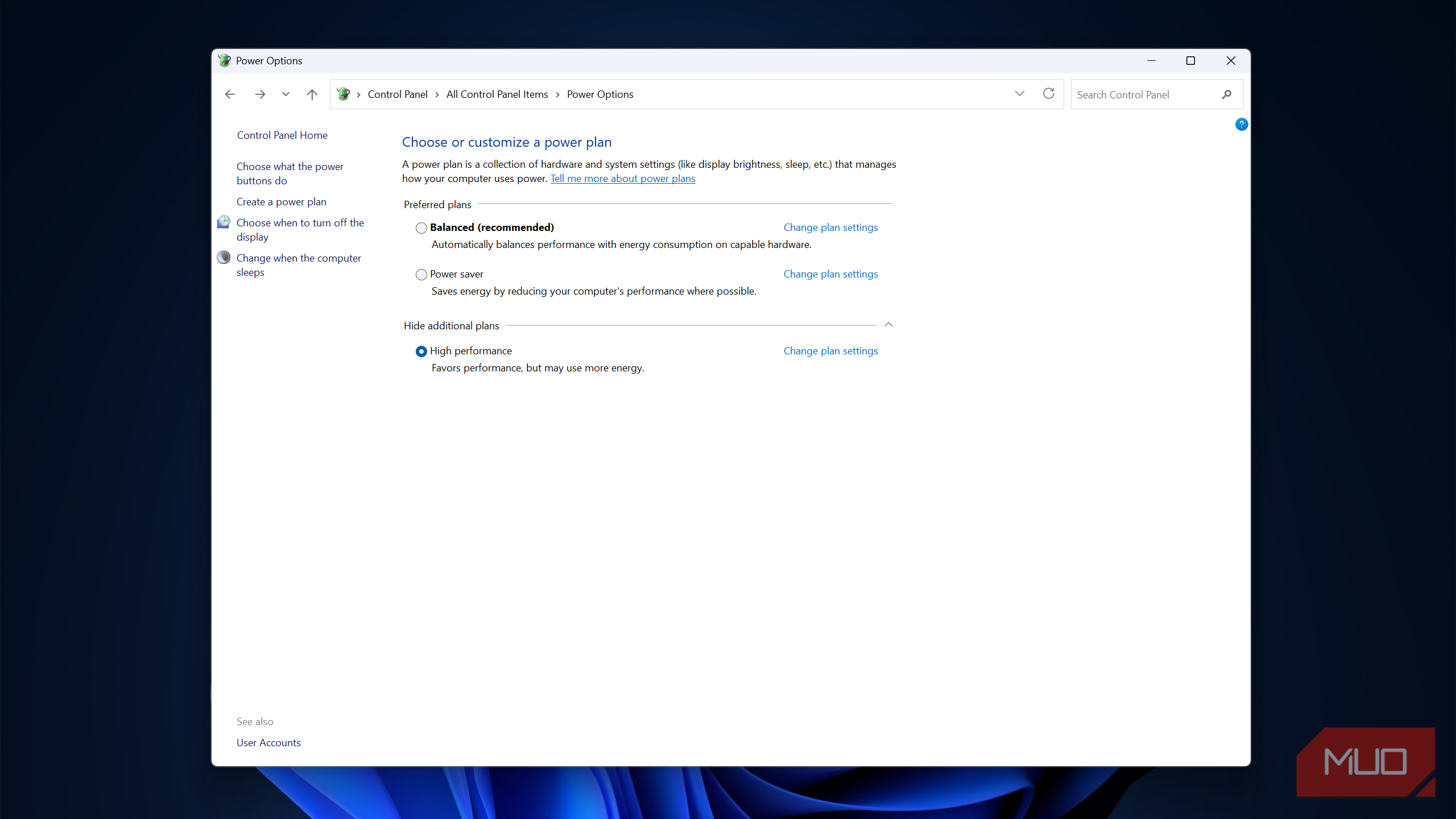 Power options set to High Performance in Windows Control Panel.