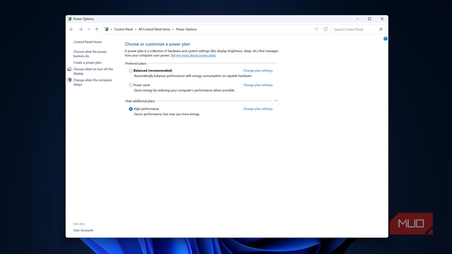 Power options set to High Performance in Windows Control Panel.