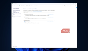 Power options set to High Performance in Windows Control Panel.