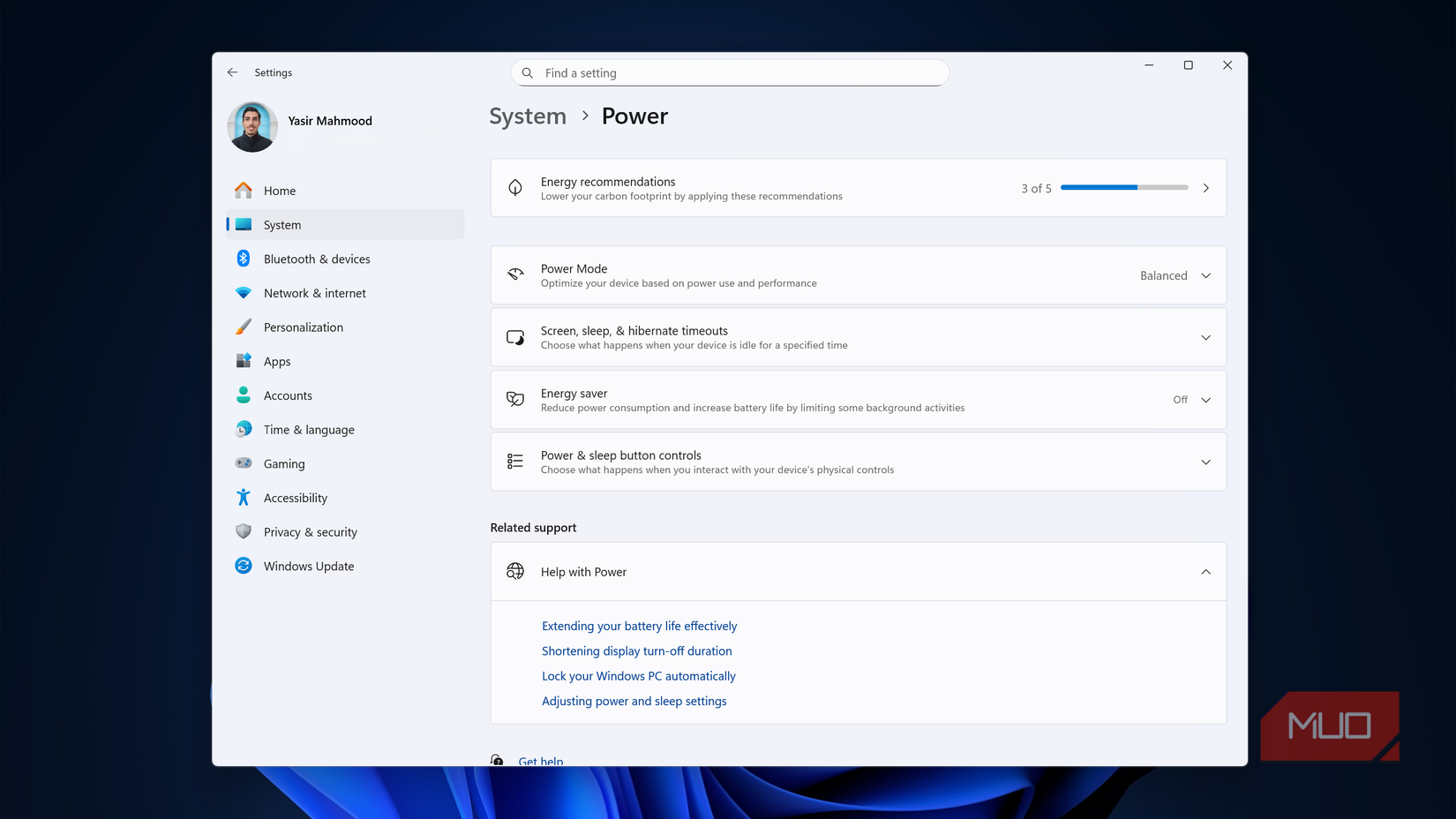 Power settings in Windows.