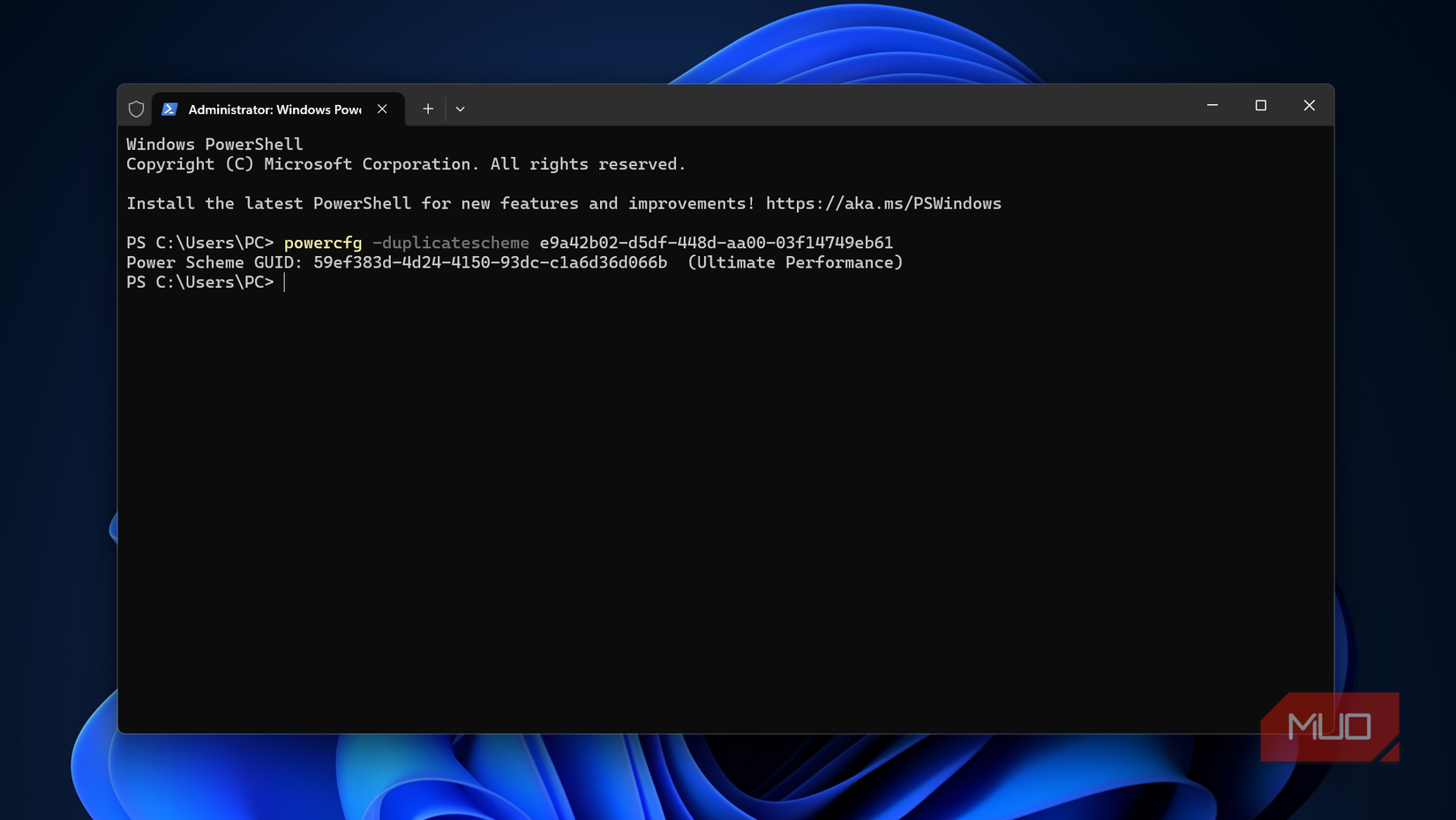 Powercfg command in Windows Terminal to unlock Ultimate Performance.