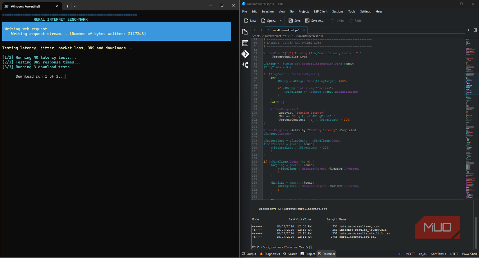 PowerShell connection test benchmarking running with script side by side