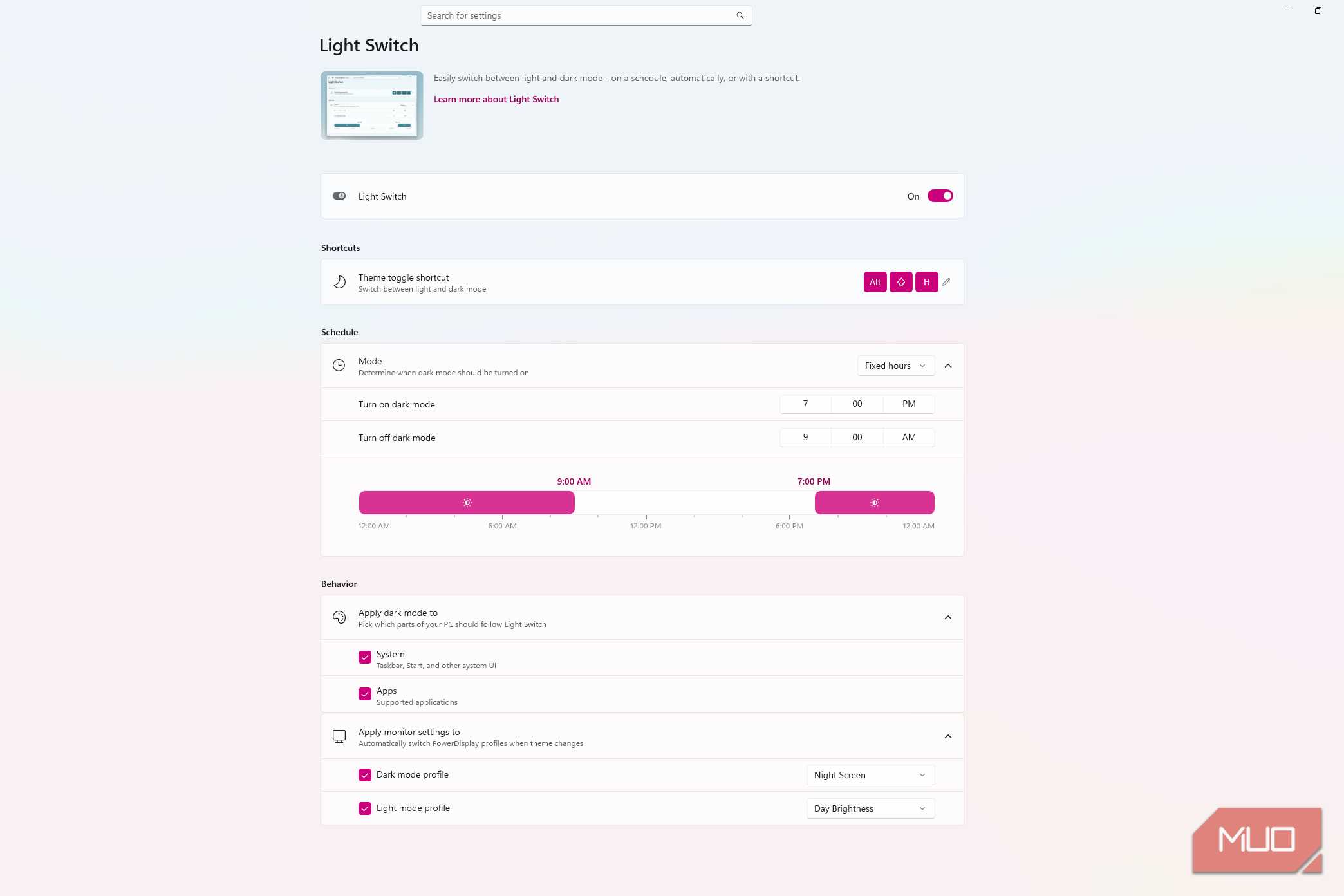 PowerToys Light Switch settings