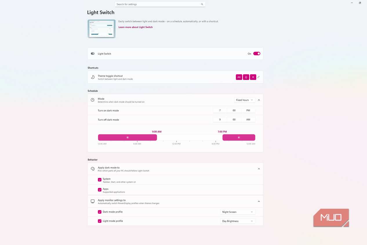 PowerToys Light Switch settings