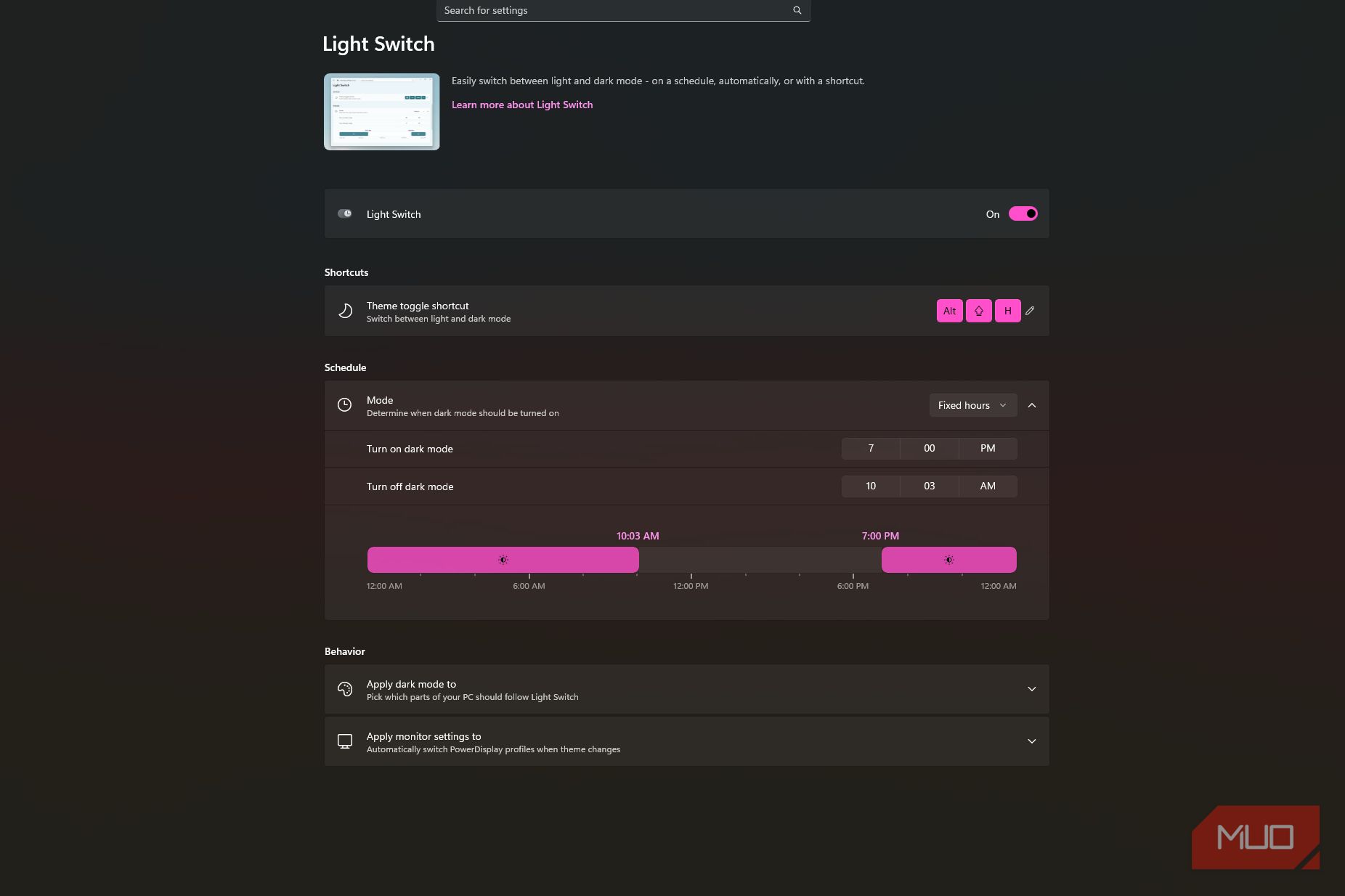 Powertoys Light Switch settings