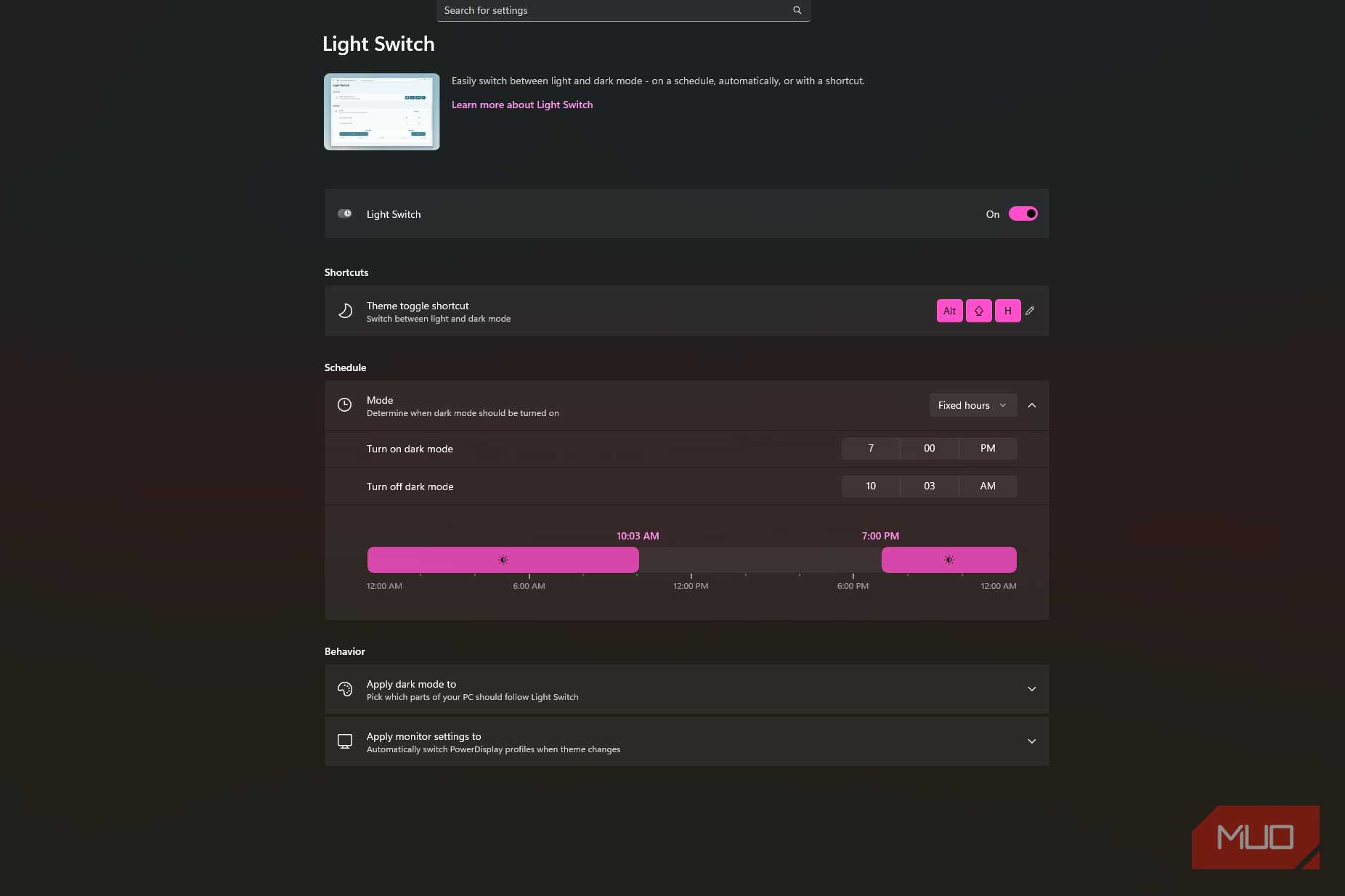 Powertoys Light Switch settings