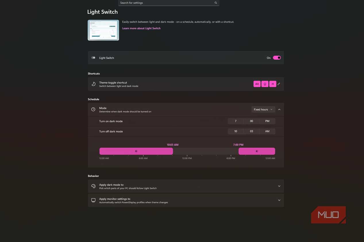 Powertoys Light Switch settings