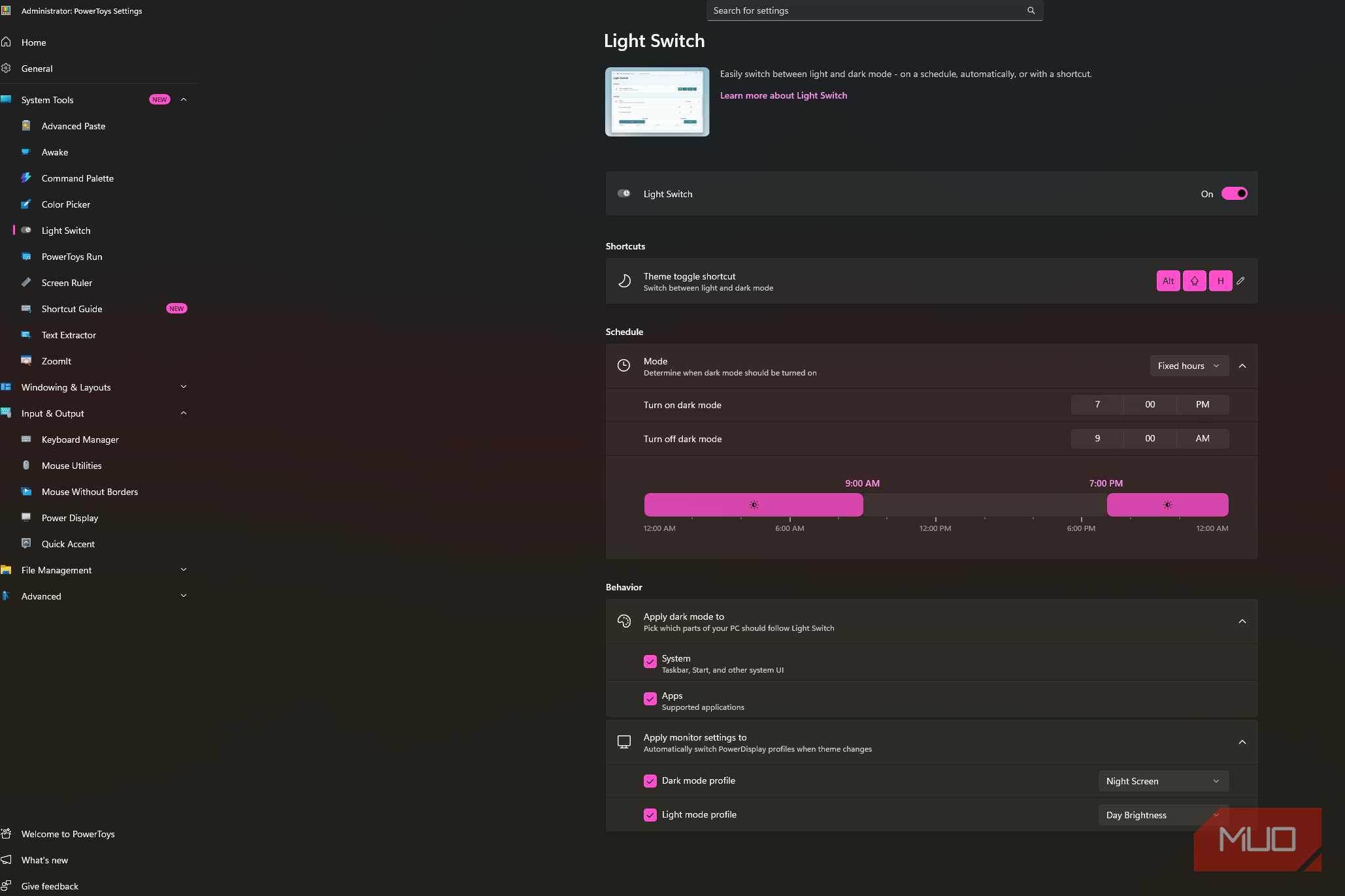 Powertoys Light switch in dark mode