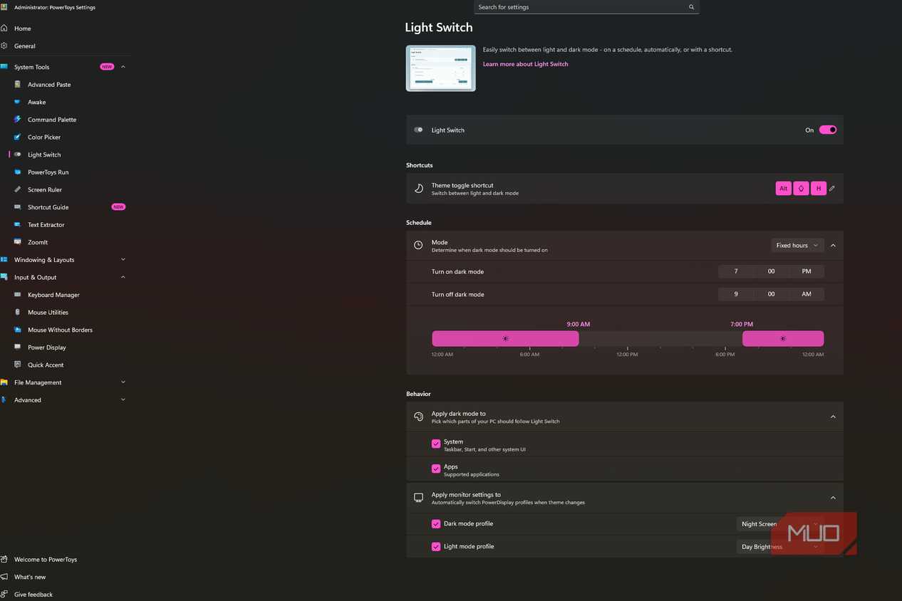 Powertoys Light switch in dark mode