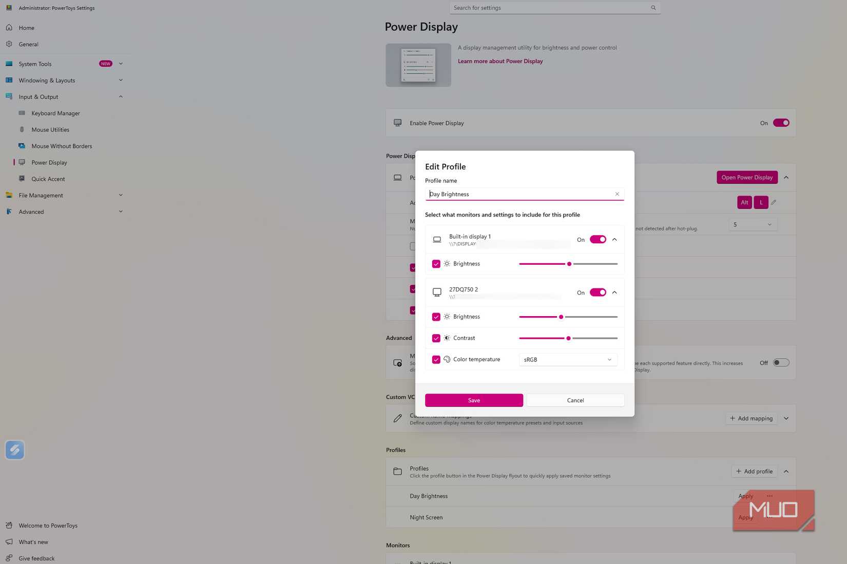 PowerToys Power Display profile editor showing brightness, contrast, and color temperature controls for two monitors