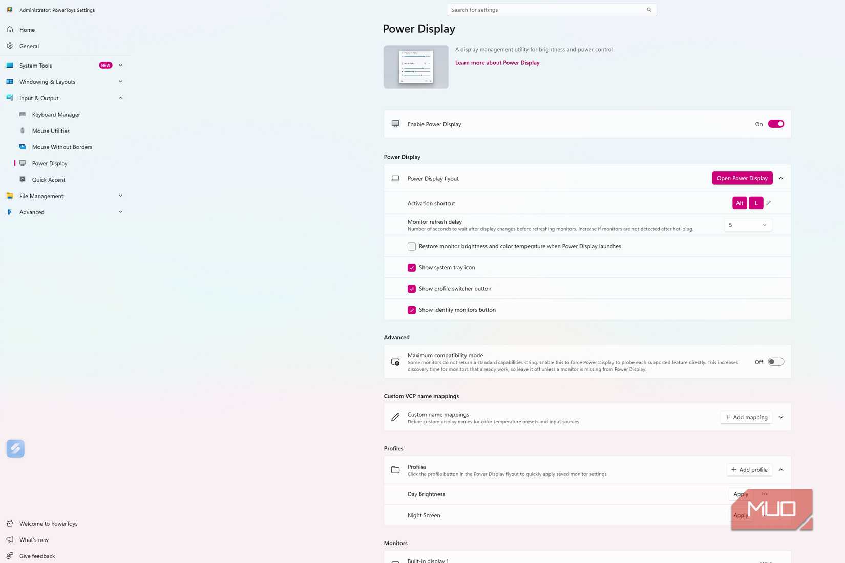 Microsoft PowerToys Power Display settings showing shortcuts, tray options, and saved monitor profiles