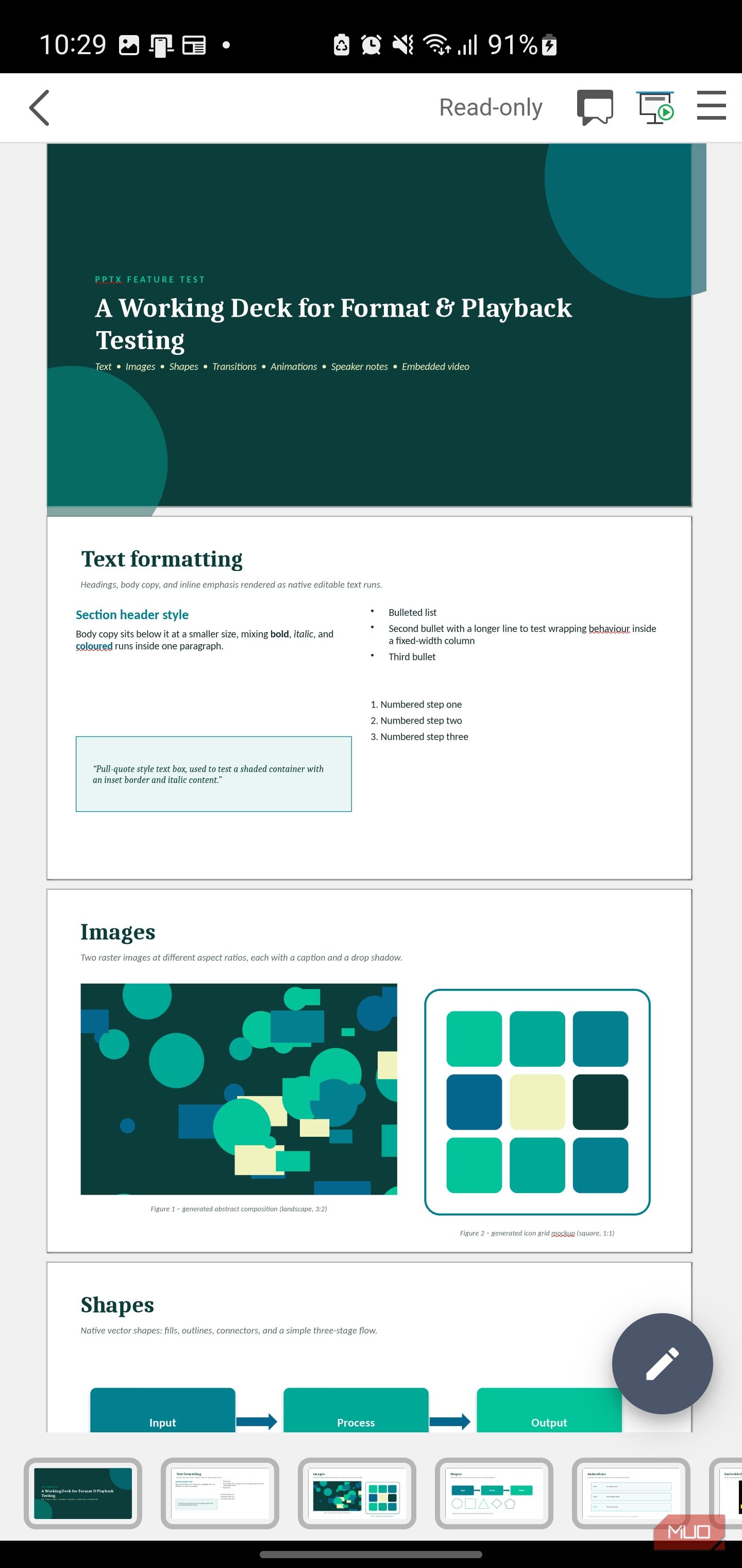 Presentation slides showing text and image formatting