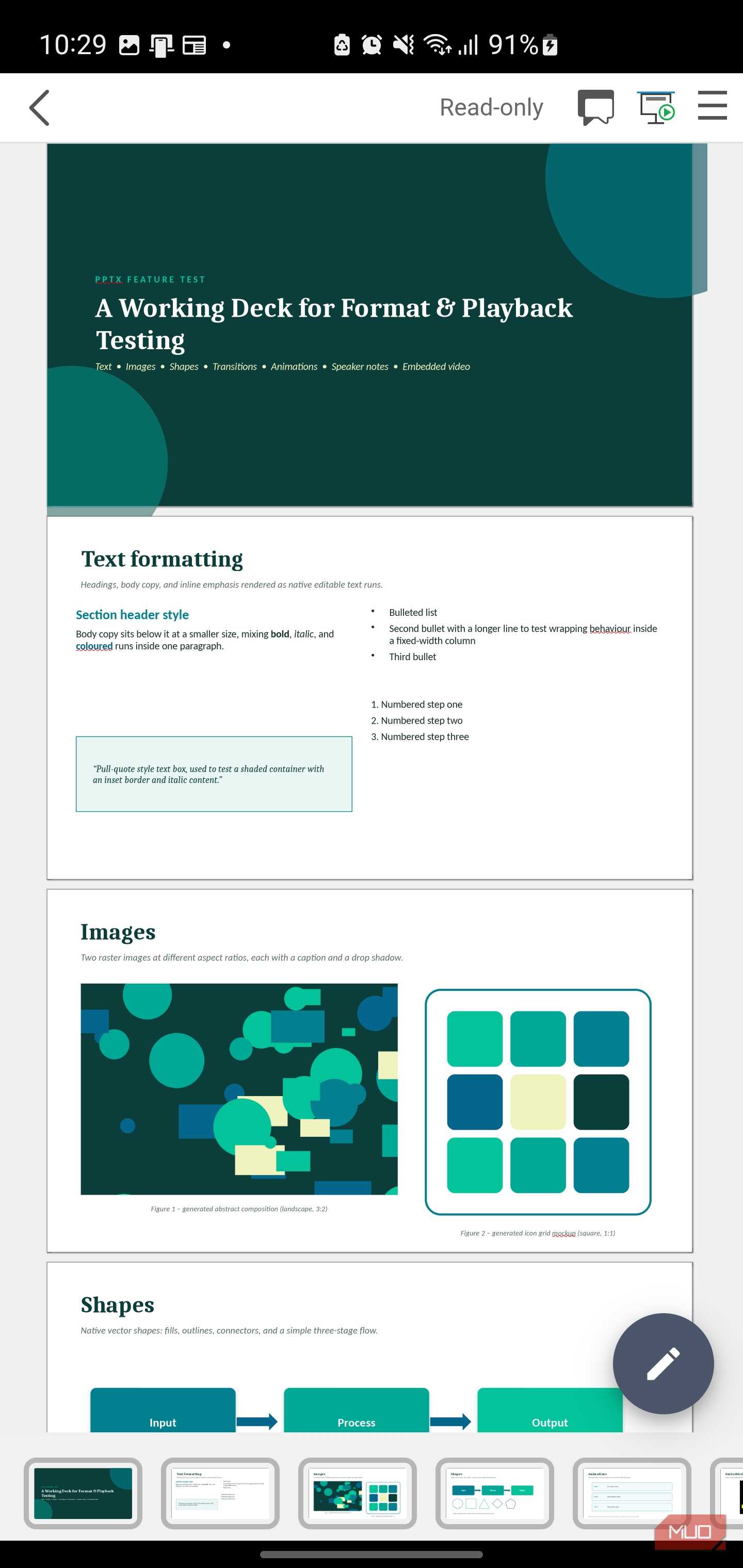 Presentation slides showing text and image formatting