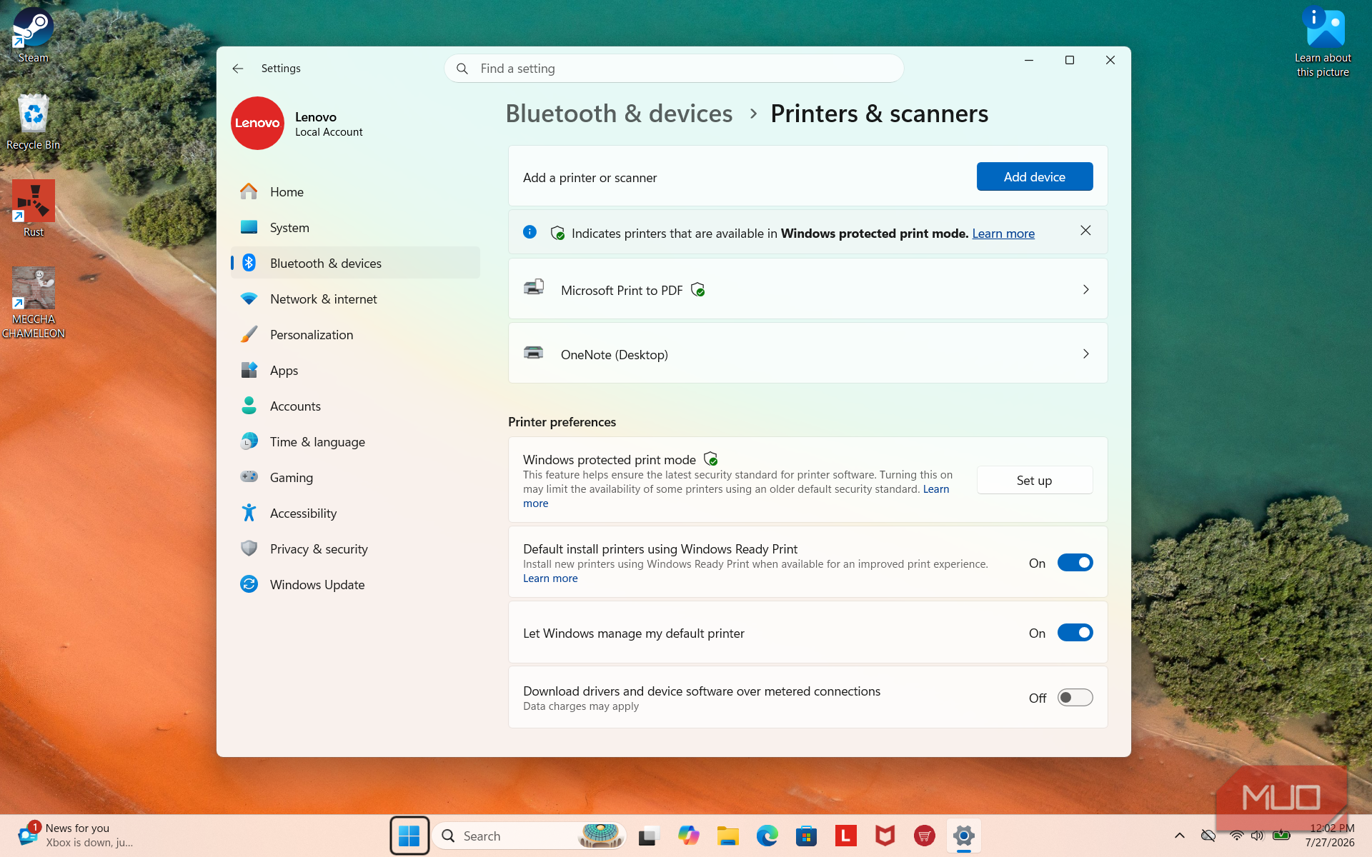 Printers & scanners page in Settings