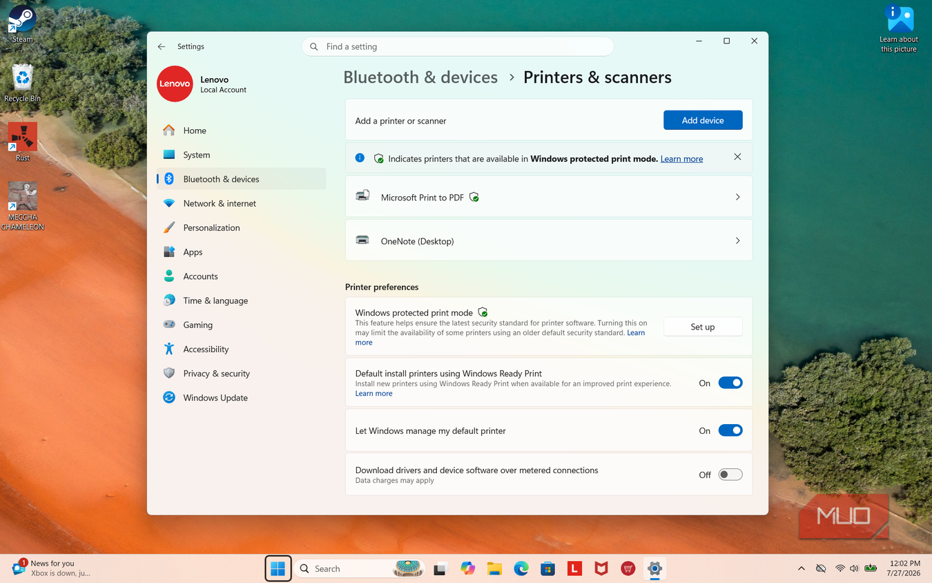 Printers & scanners page in Settings