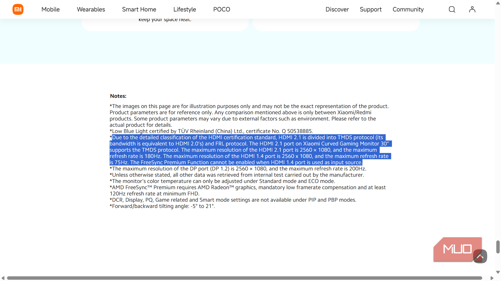 Product specifications and notes for Xiaomi monitor.