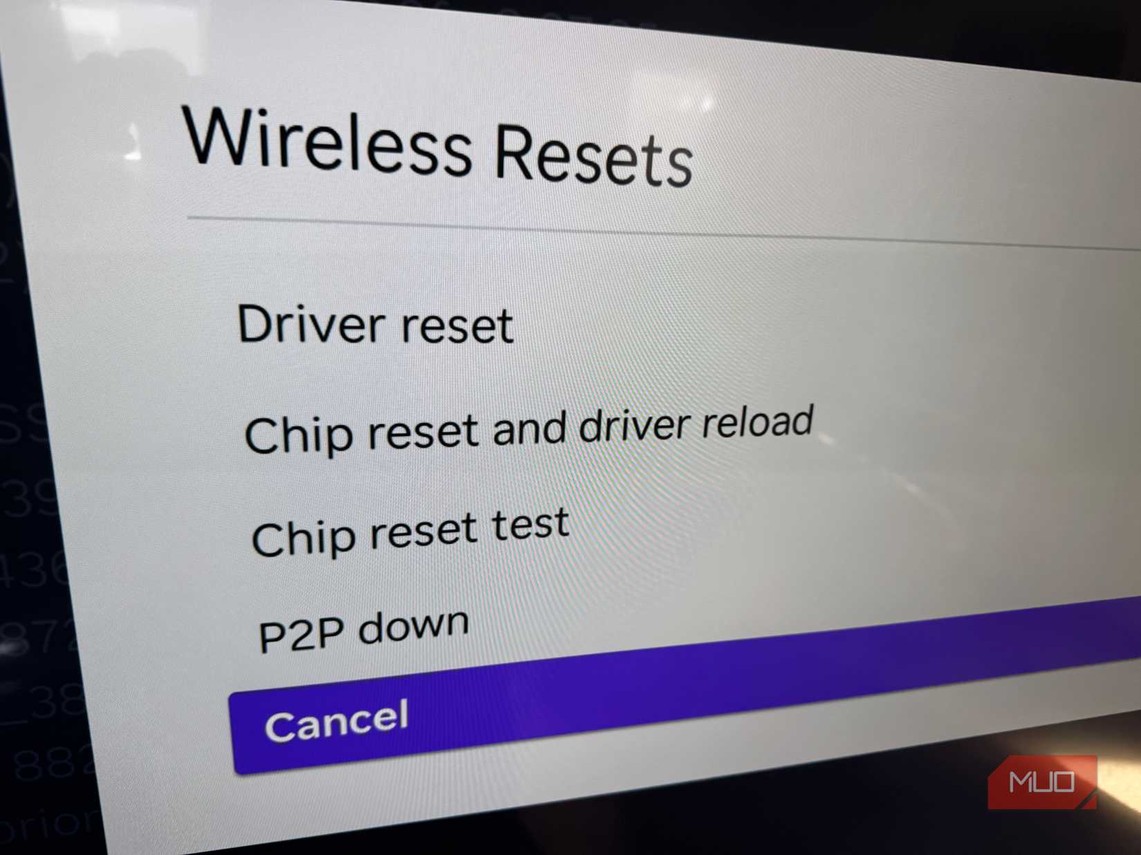 Wireless Resets menu