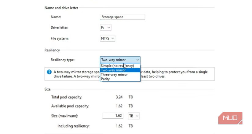 Resilience options in Storage Spaces