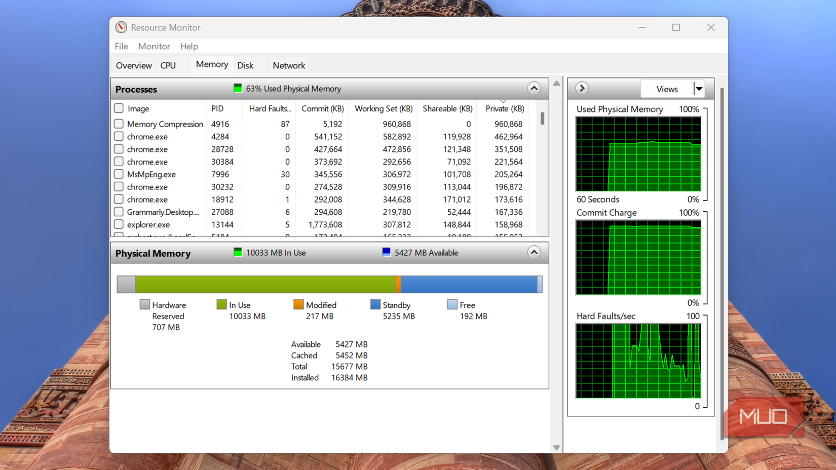 Resource Monitor Memory tab showing processes and physical memory in Windows.-1