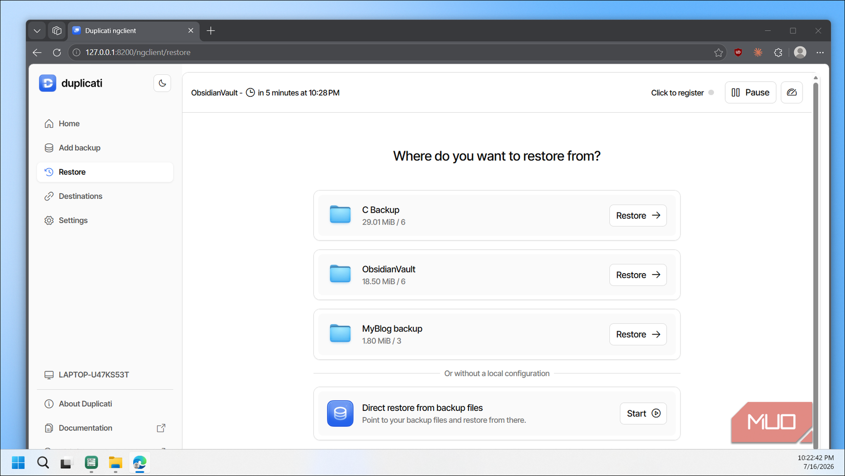 Restore Duplicati backup screen