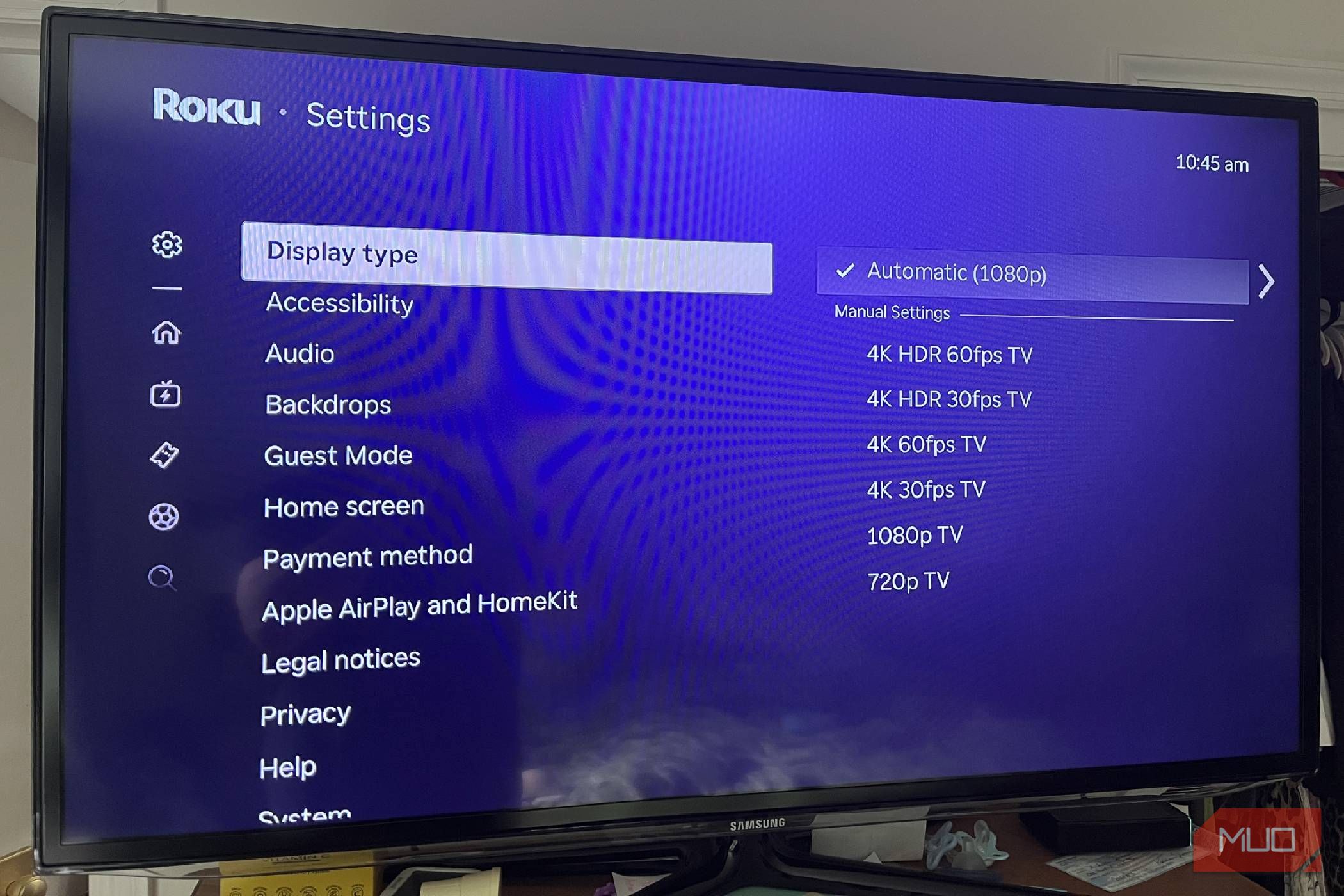 A TV's different display options within Roku OS