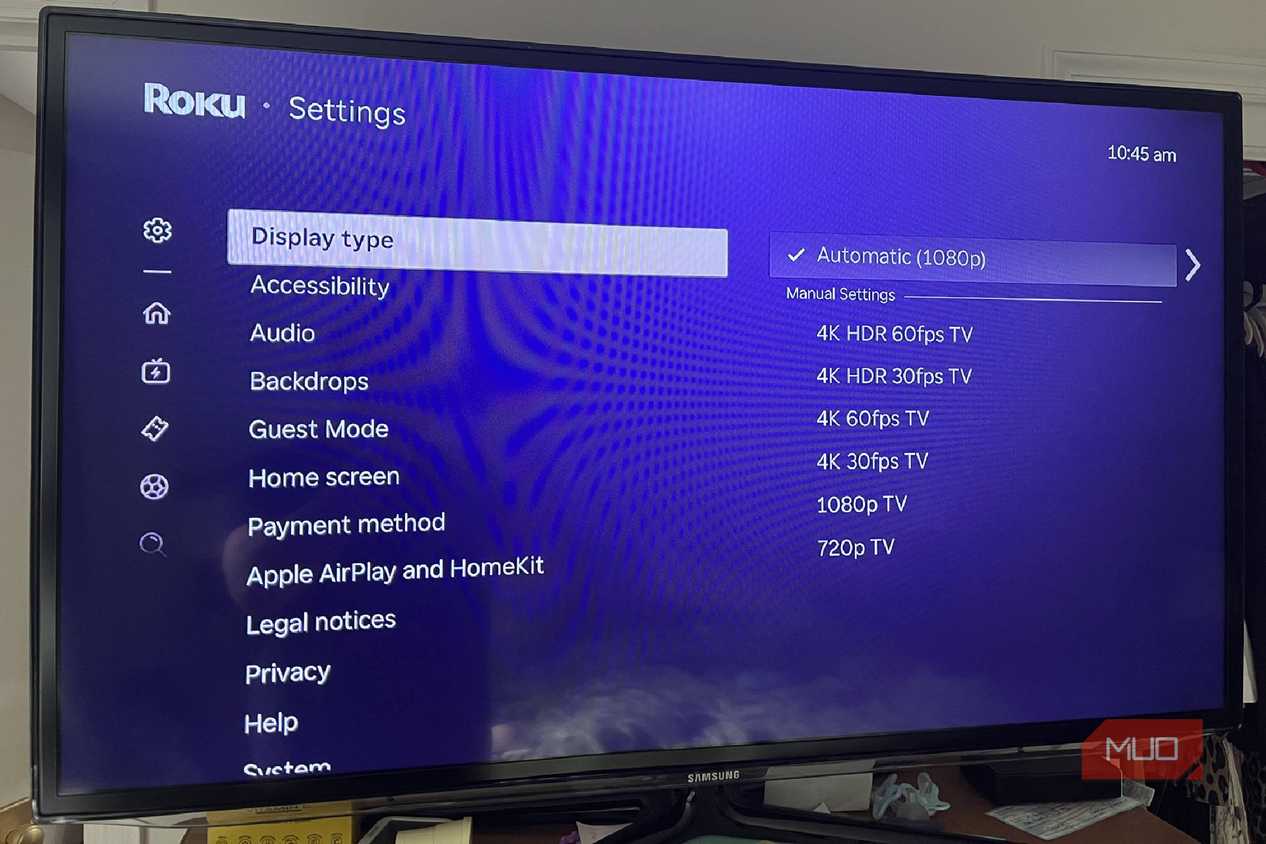 A TV's different display options within Roku OS