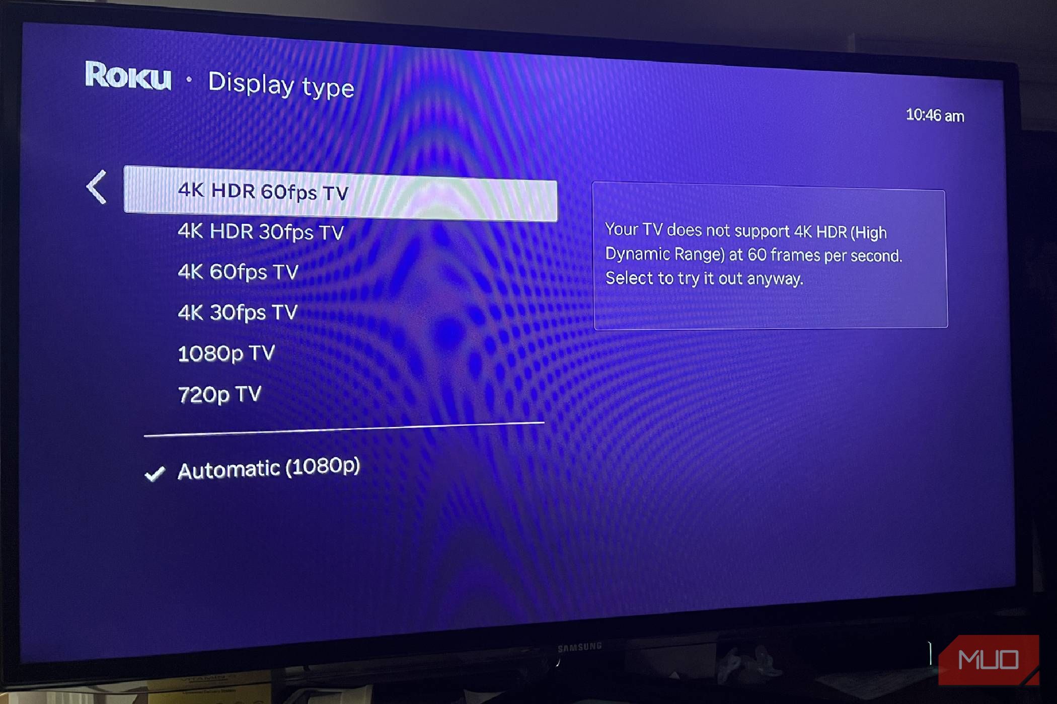 Selecting the 4K HDR 60fps TV settings in Roku